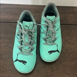Puma Kids Teal Lace-Up indoor soccer Sneakers with Black Puma Logo
